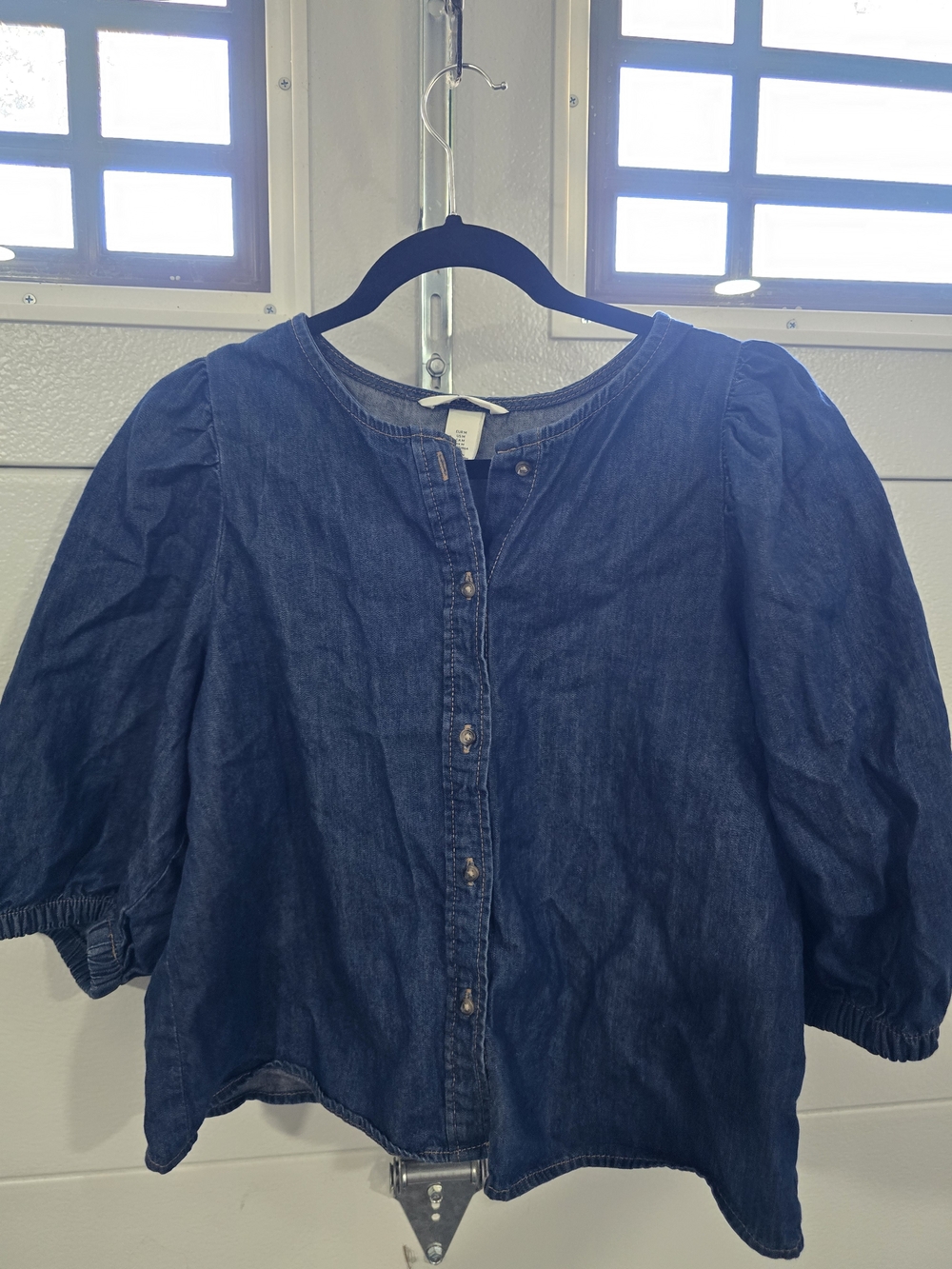 H&M Dark Blue Denim Button-Front Puff Sleeve Top